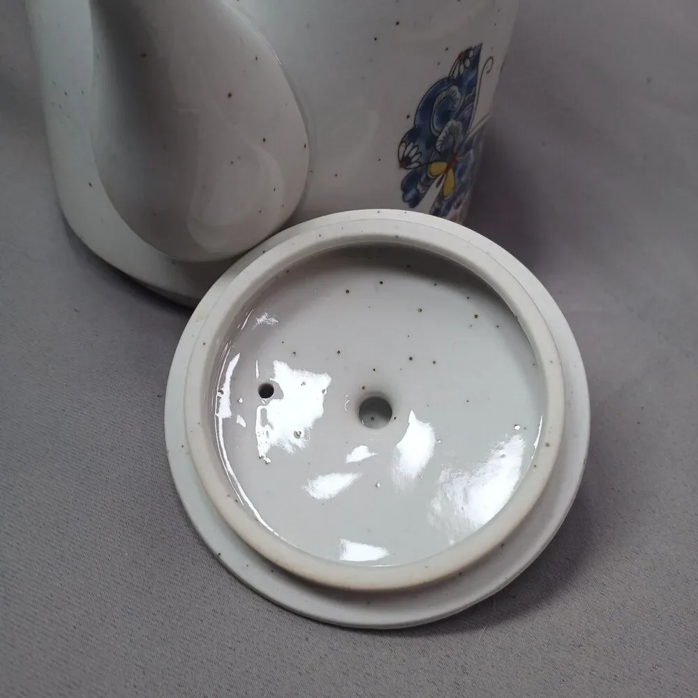 Otagiri Butterfly Tea Pot Ratten Handle Ceramic Vintage MCM Boho Japan